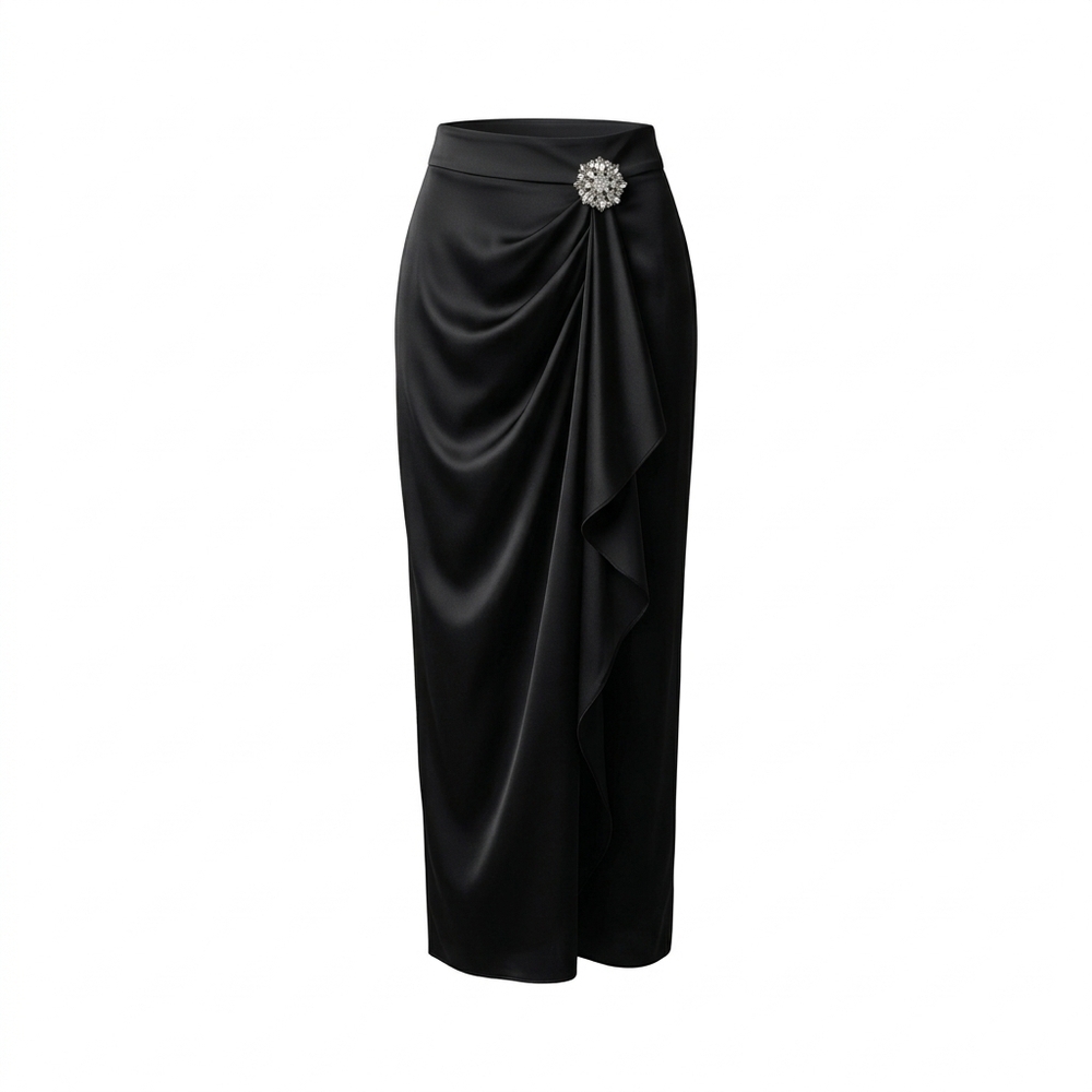 Stunning Black Satin Draped Maxi Skirt with Sparkling Rhinestone Brooch - L